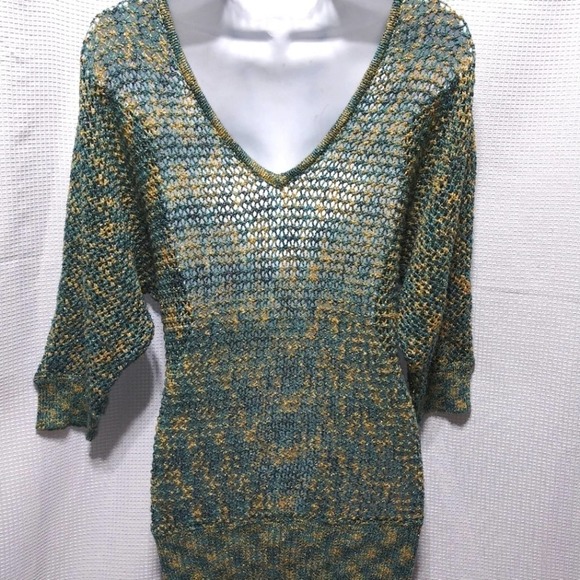 Shining Bright SWEATER Teal Tan Gold Silver Metallic Threads S/M Handmade - Picture 5 of 7